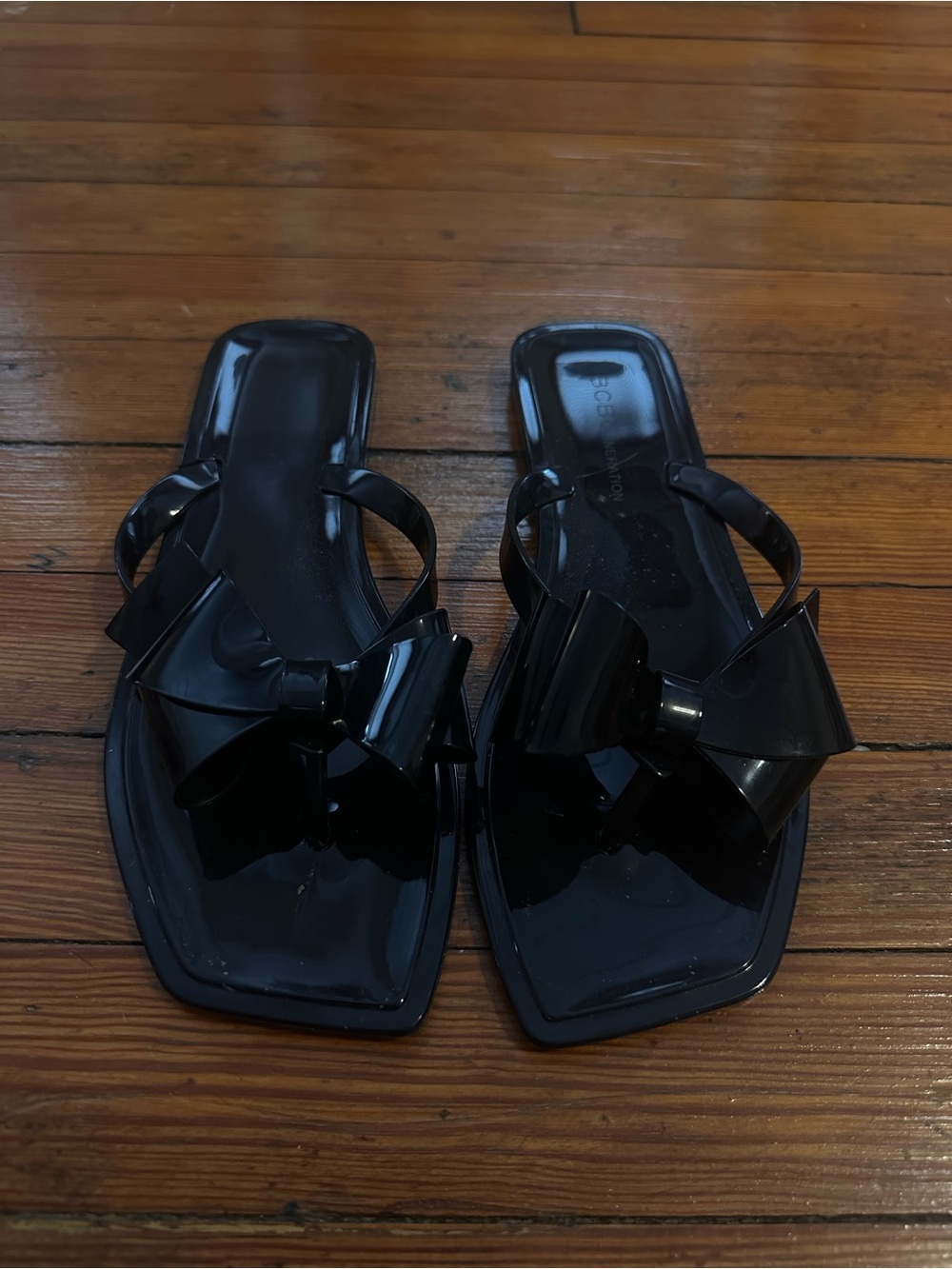 BCBGeneration Black Bow Jelly Square-Toe Slide Sandals